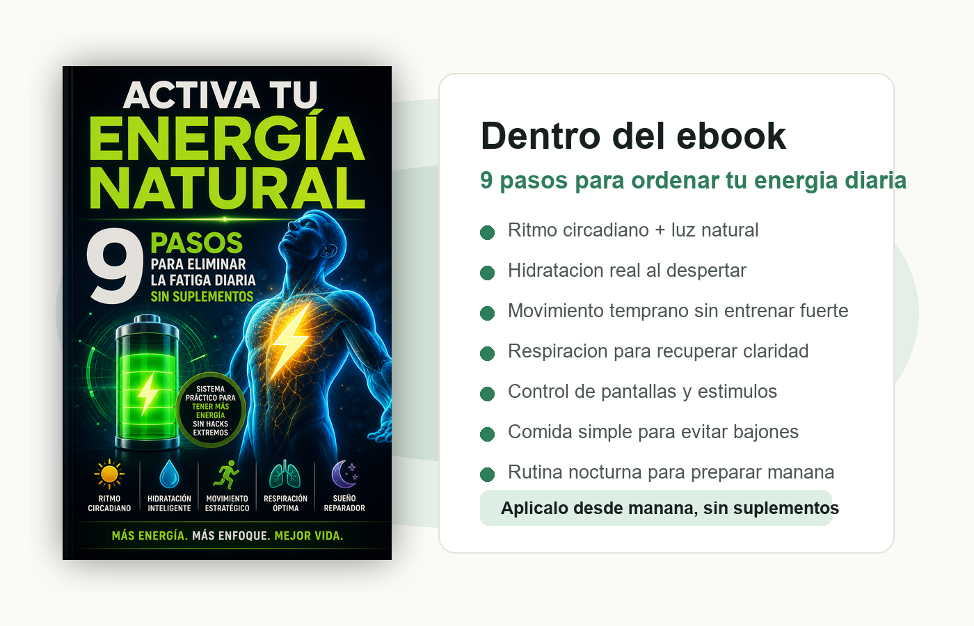 Mockup del ebook Activa tu Energía Natural con vista interna de los 9 pasos
