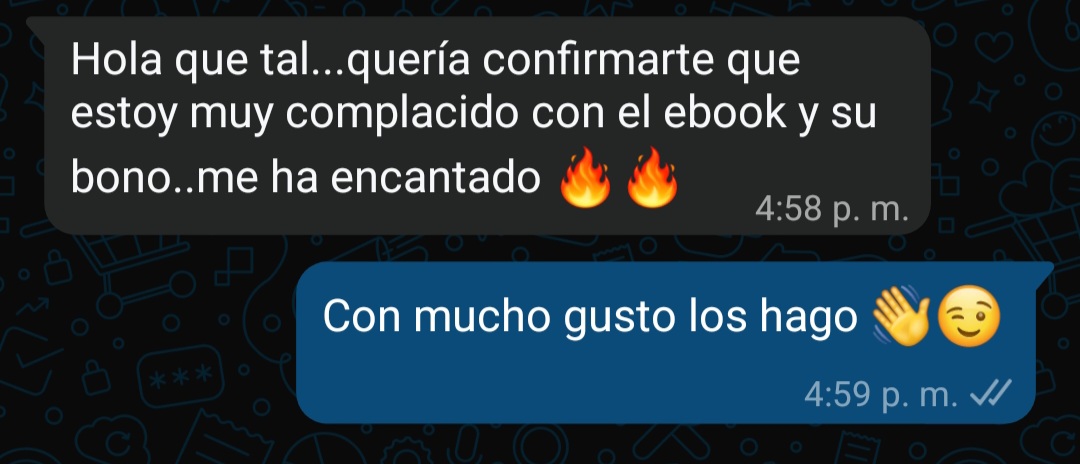 Comentario de WhatsApp de cliente satisfecho con el ebook y su bono