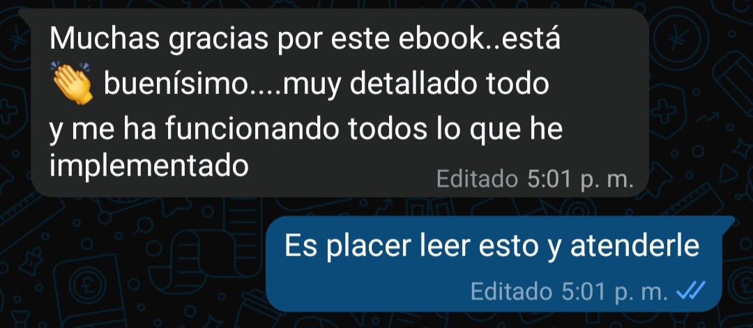 Comentario de WhatsApp de cliente indicando que el ebook es detallado y le ha funcionado